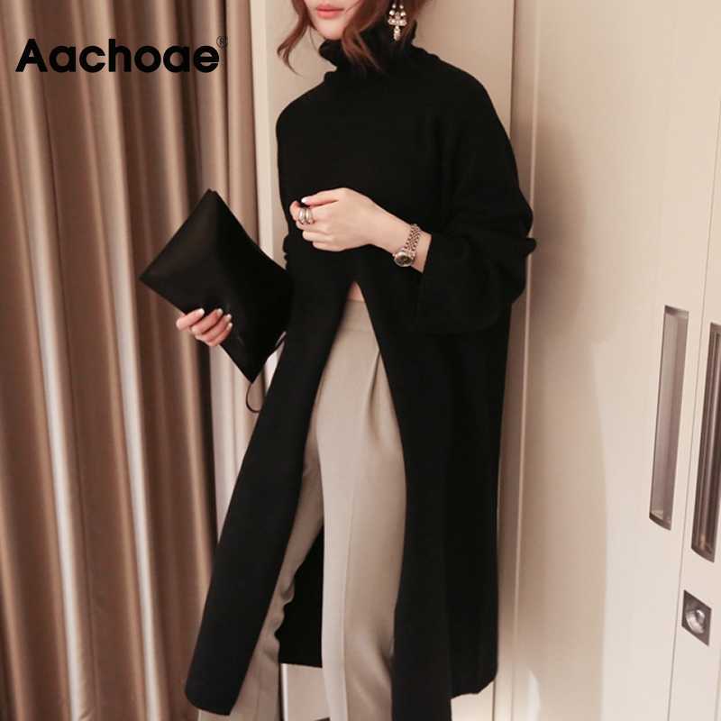 Aachoae Fashion Knitted Turtleneck Long Sweater Women Front Split Office Solid Pullover Autumn Winter Elegant Jumper Sweaters 210914