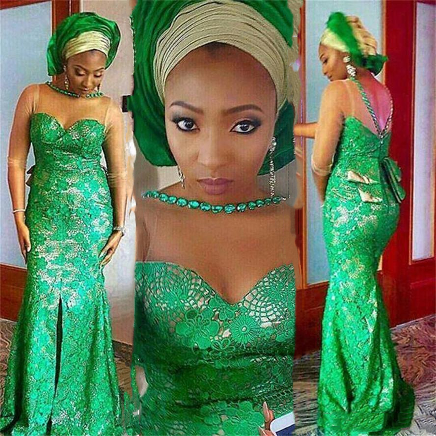 Aso Ebbi Green Lace Mermaid Evening Dresses With Nude Lining Sheer Long Sleeve Crystals Beaded Long African Prom Party Dress Plus Size 2021