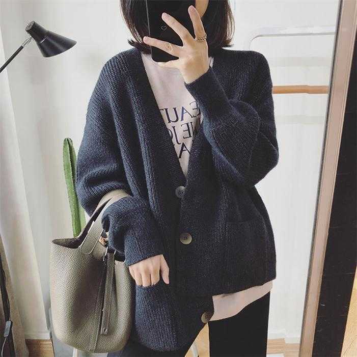 H.SA Women Winter Sweater Cardigans Lantern Sleeve V neck Button Big Pocket Knit Jacket Loose Coat Casual sueter feminino 210716