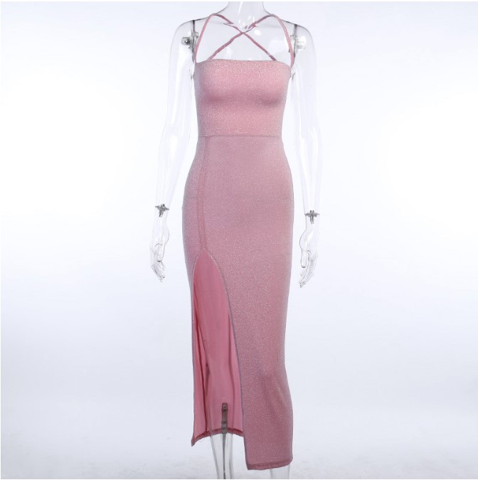 hirigin Glitter Pink Lace Up Open Back High Split Maxi Dress 2021 Fashion Summer Club Bodycon Dresses Woman Party Night