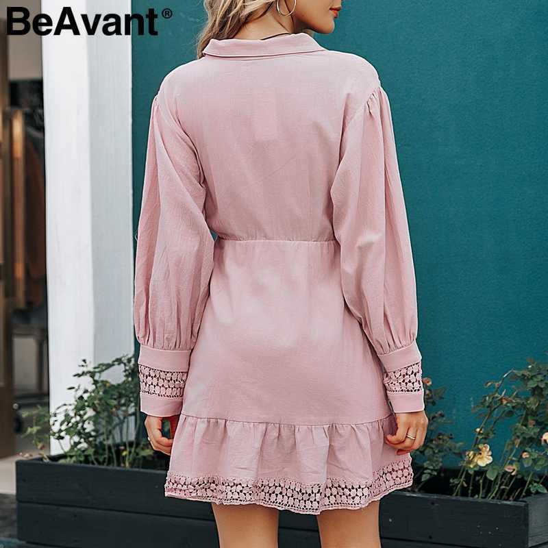 BeAvant Elegant lace cotton dress women Long sleeve hollow out ruffle autumn short dresses Buttons office ladies winter vestidos 210709