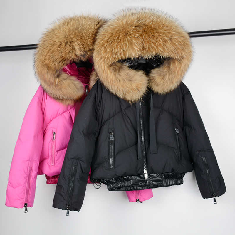 Janveny Real Raccoon Fur Hooded Women's Down Jacket Winter 90% Duck Down Coat Short Female Puffer Feather Parkas Outwear 210819