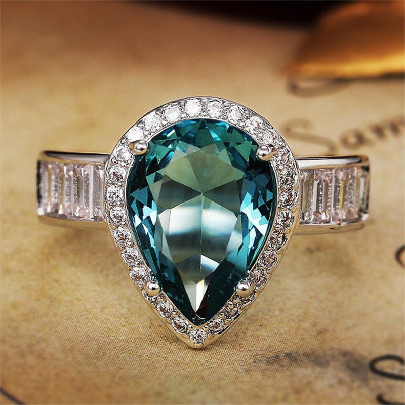 Size 6-10 Ins Top Sell Wedding Rings Luxury Jewelry Sparkling 925 Sterling Silver Fill Water Drop Aquamarine