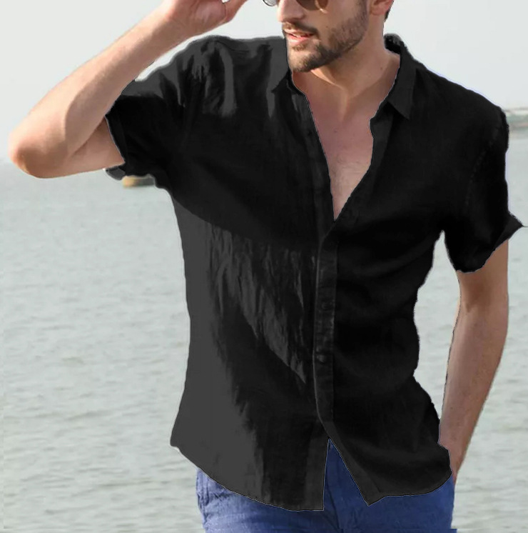Shirts European and American summer short-sleeved casual cardigan men's solid color shirt