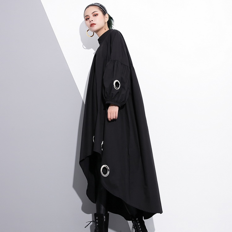 EAM Spring Round Neck Long Sleeve Solid Color Black Metal Ring Big Size Hollow Out Dres Fashion JE29201 210309