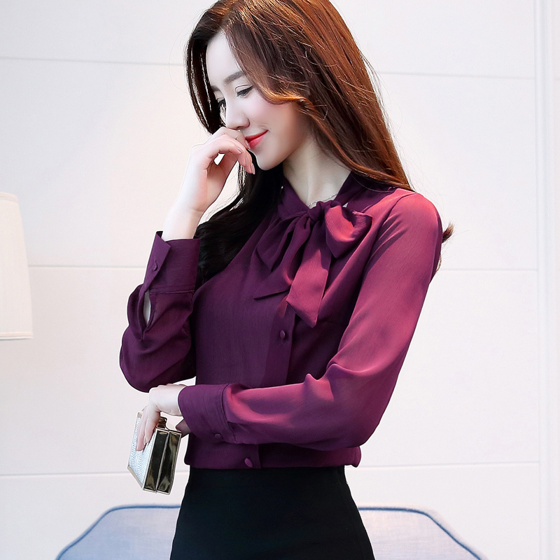 Bow Neck Women's Clothing Spring New Long-sleeved chiffon Women blouse shirt solid purple formal women tops blusas 210H 210225