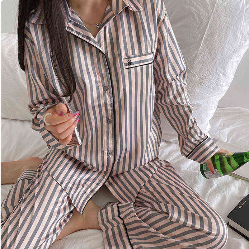2 Piece Set Winter Pajama for Women Long Striped Elegant Sleepwear Pyjamas Satin Silk Lounge Pjamas Home Clothes Christmas Gift 211112wtt