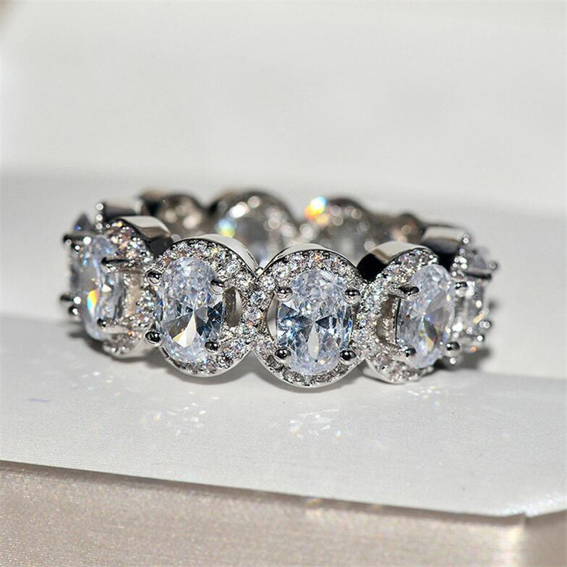 Sparkling Top Sell Luxury Jewelry 925 Stelring Silver Fill Oval Cut White Topaz CZ Diamond Eternity Party Women Wedding Bridal Ring Set Gift