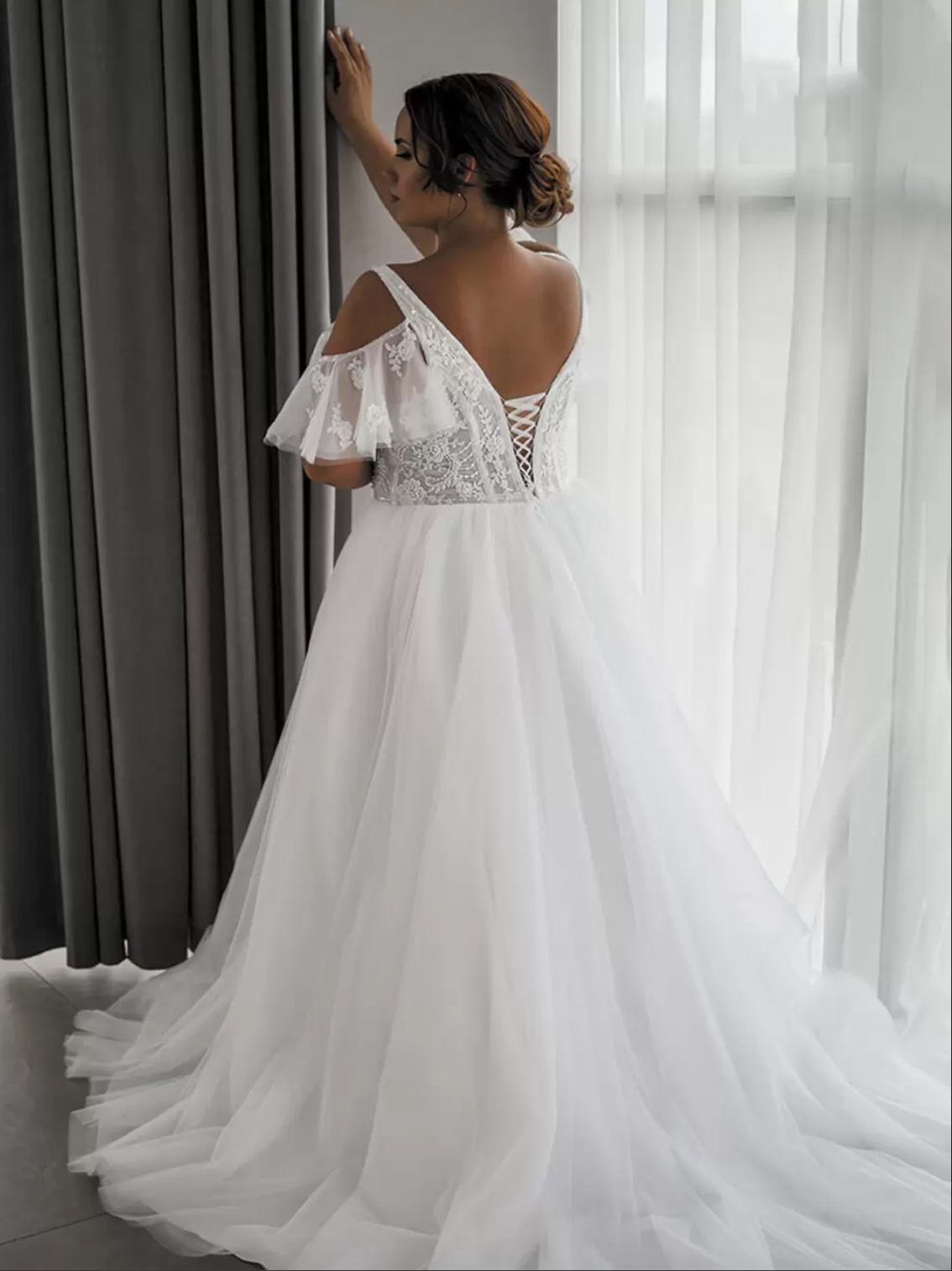 White Plus Size Wedding Dress A Line Sexy V Neck Straps Off The Shoulder Bridal Gowns Corset UP Back Sweep Train Lace Marriage Dresses 0431
