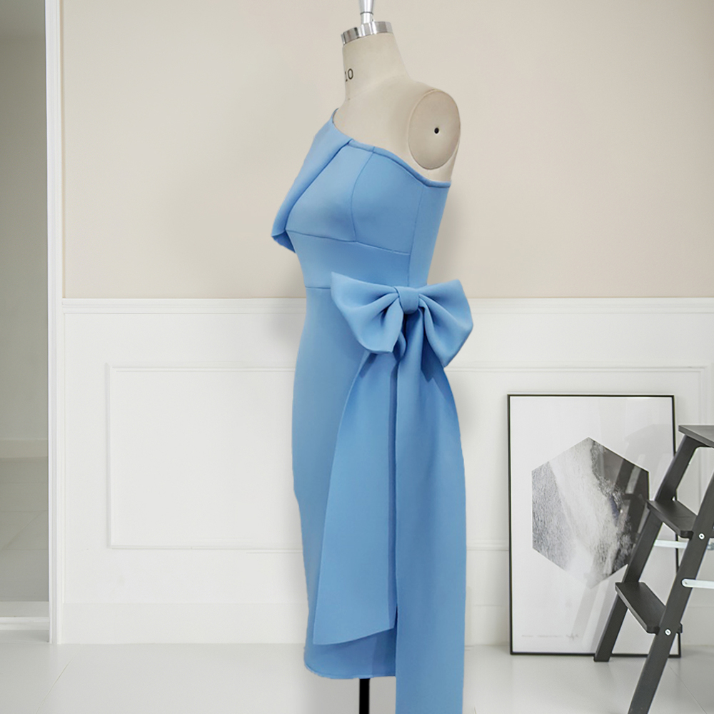 Women Bodycon Dresses One Shoulder with Bowtie Waist Belt Light Blue Dress Elegant Slim Vestido African Event Celebrate Occasion 210309