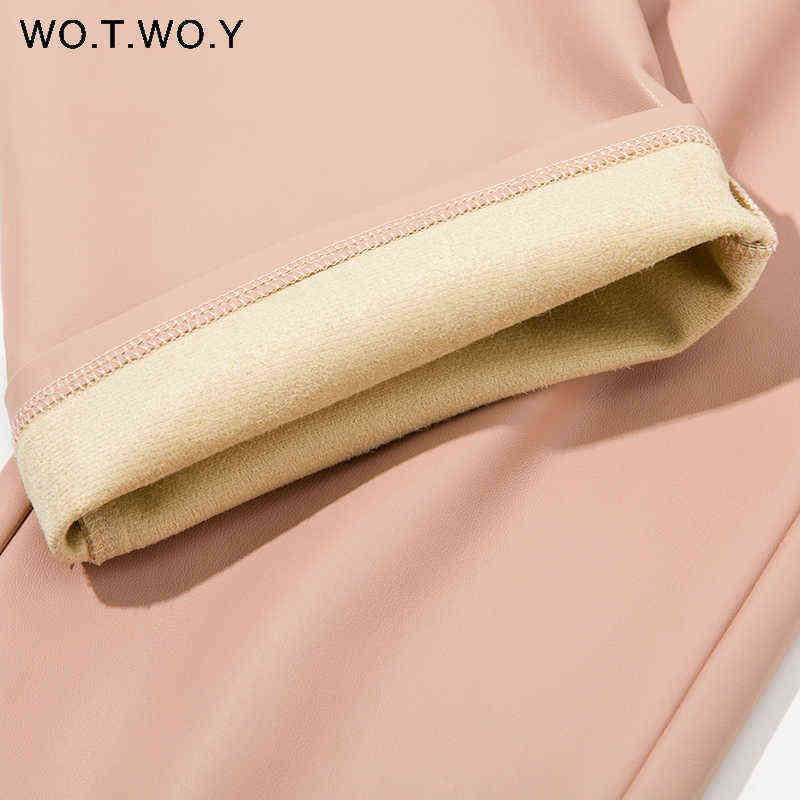 WOTWOY High Waist Loose Leather Pants Women Autumn Winter Fleece Zipper Fly Casual PU Trousers Female Solid 211115