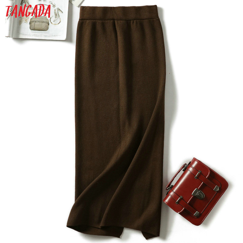 Tangada Women solid long skirts knit stretch high waist korean style ladies black pencil skirt faldas mujer moda AQX05 210309