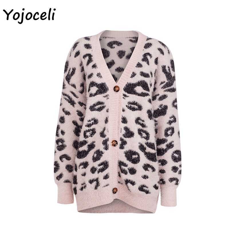 Yojoceli sexy leopard knitted cardigan coat v neck streetwear sweater 210609