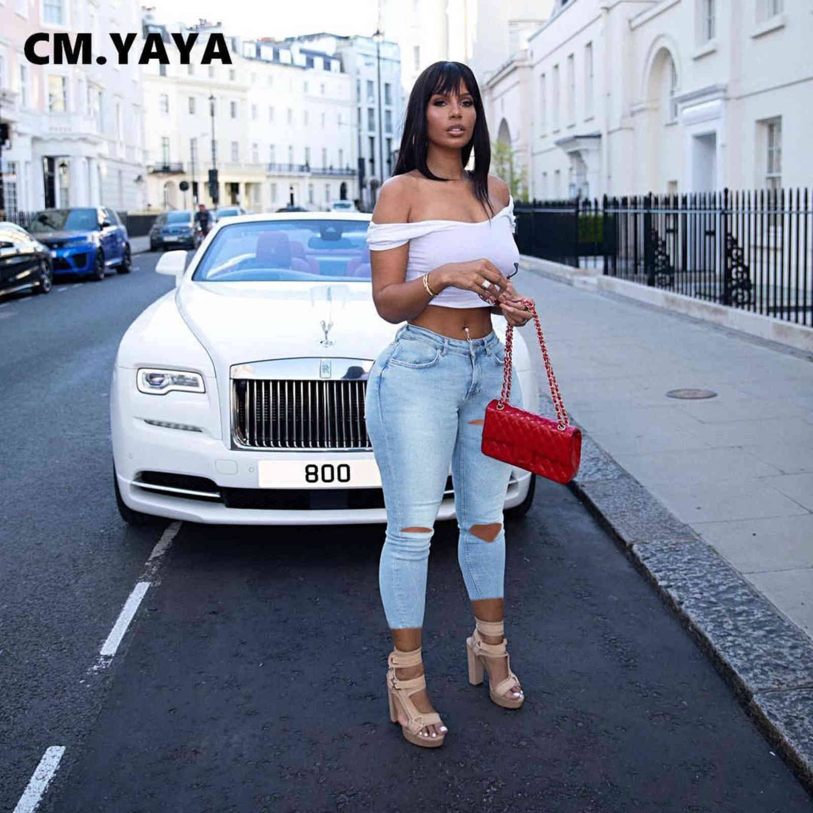 CM.YAYA Women Jeans Criss-cross Lace Up Hole Sheath Elastic High Waist Long Pencil Denim Pants Fashion Street Trousers 211129