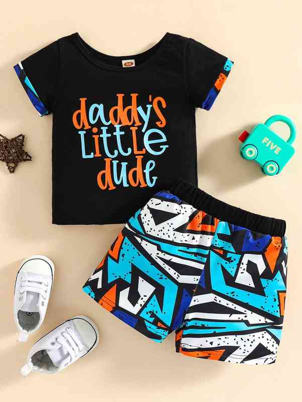 Baby Letter Graphic Tee And Geo Print Shorts SHE