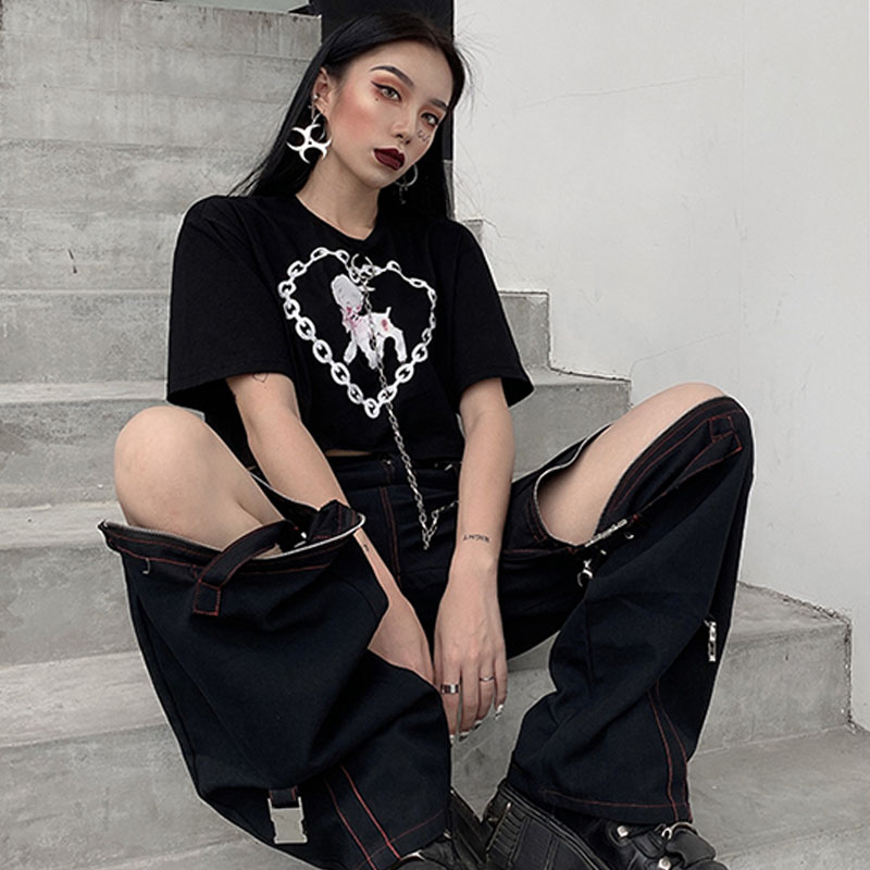 Streetwear Fashion Black jeans Hollow Out Pants Casual Pants Women High Waist Trouser Cargo Trousers KZ614