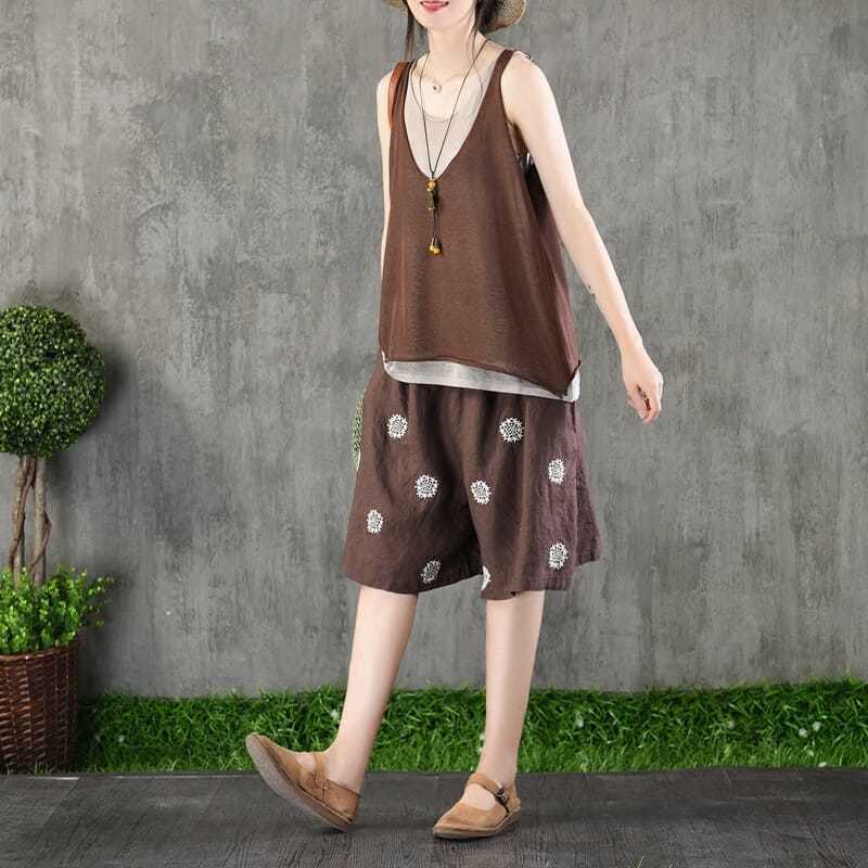 Women's Shorts Summer Fashion Casual Loose Cotton Linen High Waist Harem Short Pants Embroidery Wide for Women 210714