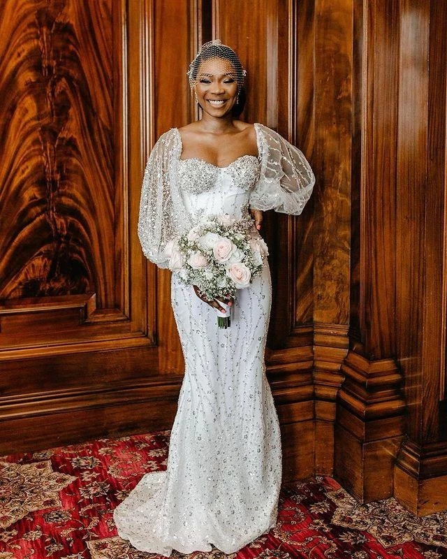 Arabic Mermaid Wedding Dresses 2022 sweetheart Crystal Long Sleeve Beaded bohemian lace-up aso ebi african bridal gowns Vestido De Novia