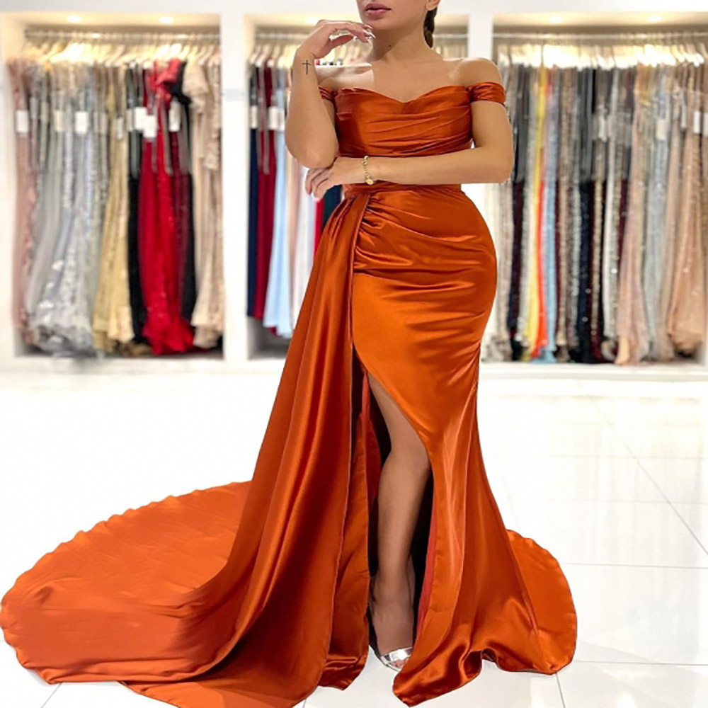 Off The Shoulder Organge Mermaid Evening Dress With Train Sexy Side Slit SIlk Satin Formal Prom Dresses Elegant Women Celebrity Party Vestidos De Fies