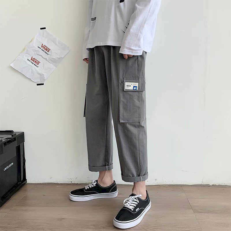 Functional cargo pants men's summer thin straight loose drawstring feeling Japanese students hip-hop nine-point casual trousers 210526