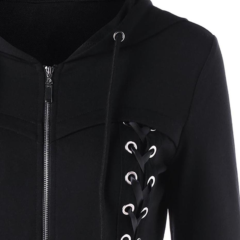 Rosetic Gothic Women Black Hooded Lace Up Sweatshirt Crop Top Hoodie Jacket Women Hoodies Autumn Goth Clothes Wear jacket 201203
