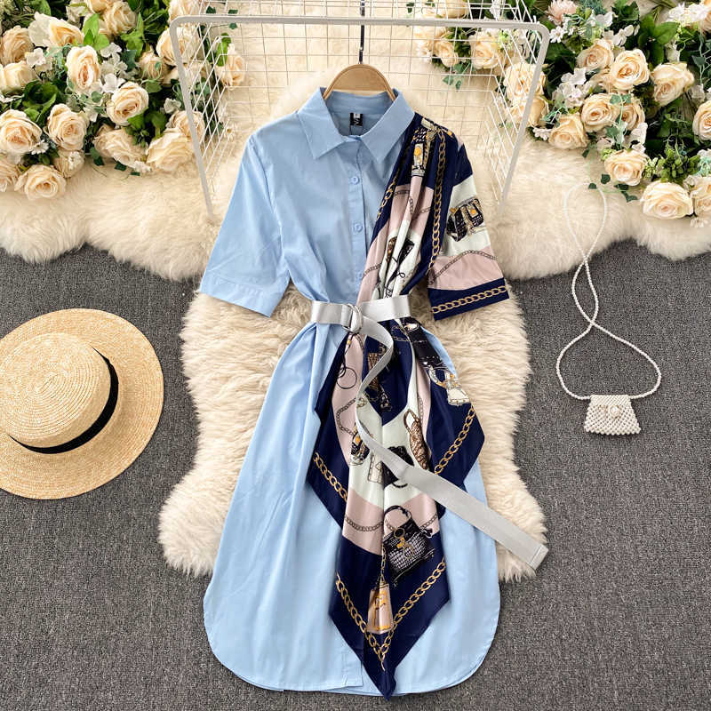 Korea Spring Fashion Women A-line Shirts Dress Lapel Short Sleeve High Waist Scarf Splicing Feminine Elegant Vestidos R330 210527