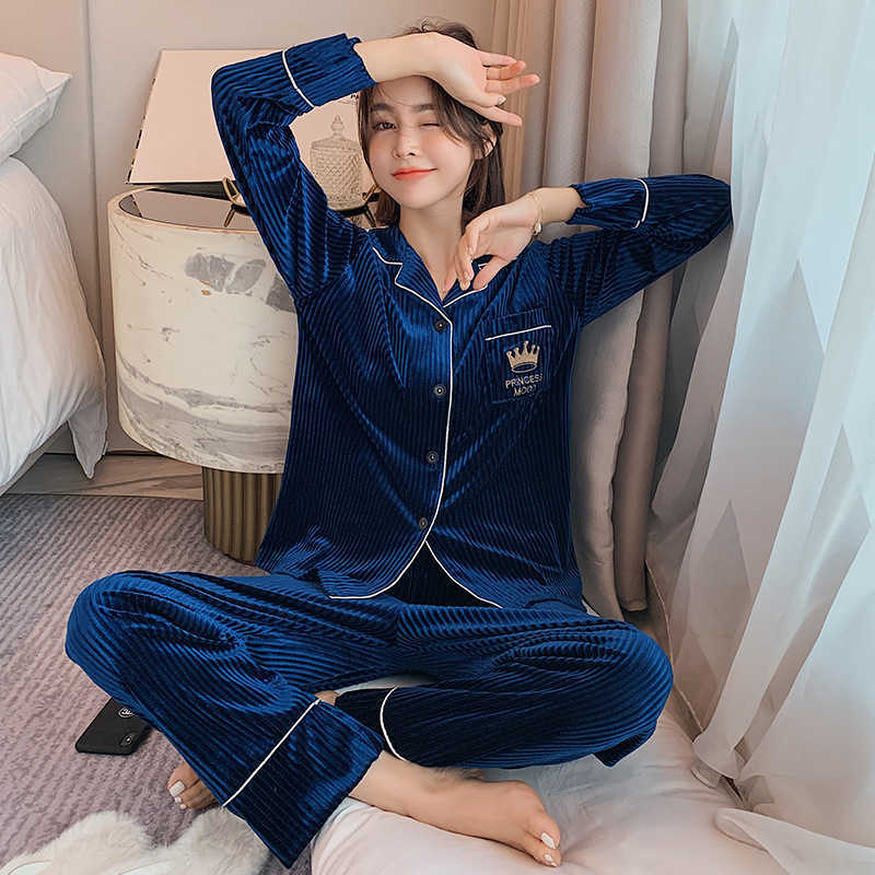 JULY'S SONG Woman Knitted Pajamas Set 2 Pieces Solid Color Velvet Lapel Long Sleeve Trouser Striped Casual Winter Sleepwear 210809 - view 4