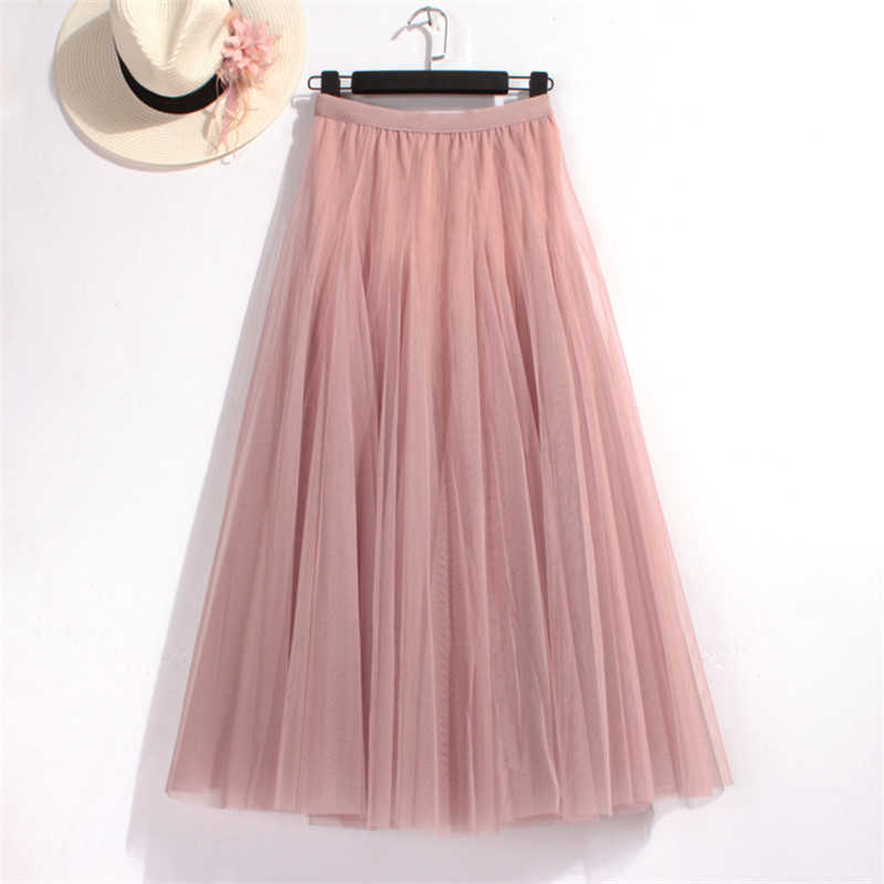 Plus Size High Waist Tulle Skirts Womens Long Pleated Skirt Black Pink Elegant Maxi Skirt Female Spring Summer Korean Mesh Skirt 210619wtt