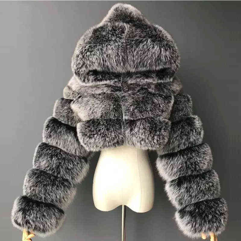 High Quality Furry Cropped Faux Coats and Jackets Women Fluffy Top Coat With Hooded Winter Jacket Manteau Femme 211220 - view 3