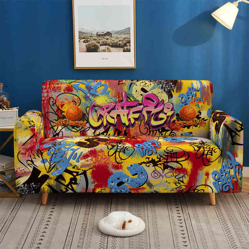 Hip Hop Sofa Cover Stretch Angle Printed Graffiti Elastic Couch Case for Home Corner Sectional Sofa1 2 3 4Seater Slipcover 211207