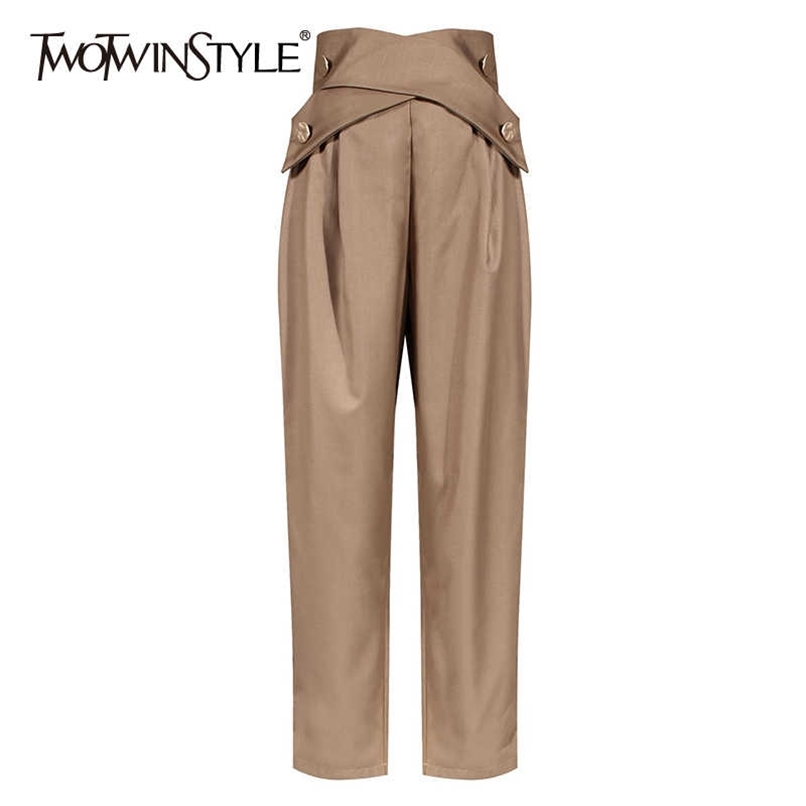 TWOTWINSTYLE Casual Irregular Trousers For Women High Waist Lace Up Button Straight Slim Pants Female Autumn Fashion 211008