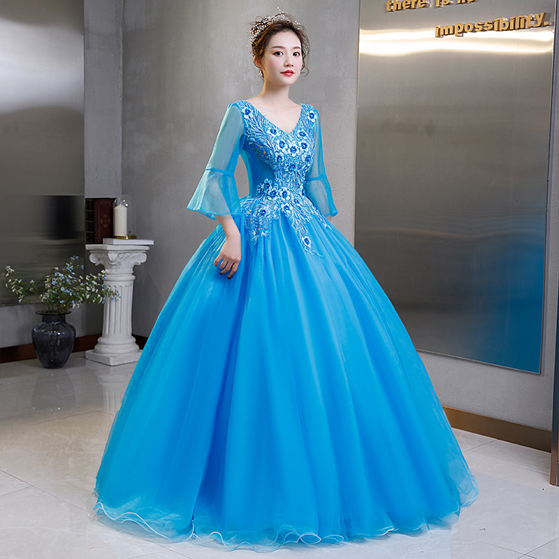 Quinceanera Dresses 2021 Beaded Party Prom Formal Three Quarter Sleeve V-neck Ball Gown Vestidos De 15 Anos QC1379