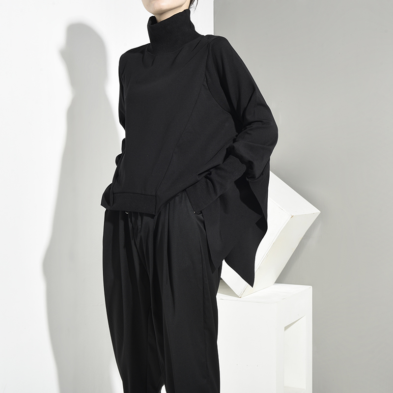 EAM Loose Fit Black Oversize Back Long Sweatshirt High Collar Long Sleeve Women Big Size Fashion Spring Autumn OA8690 201126
