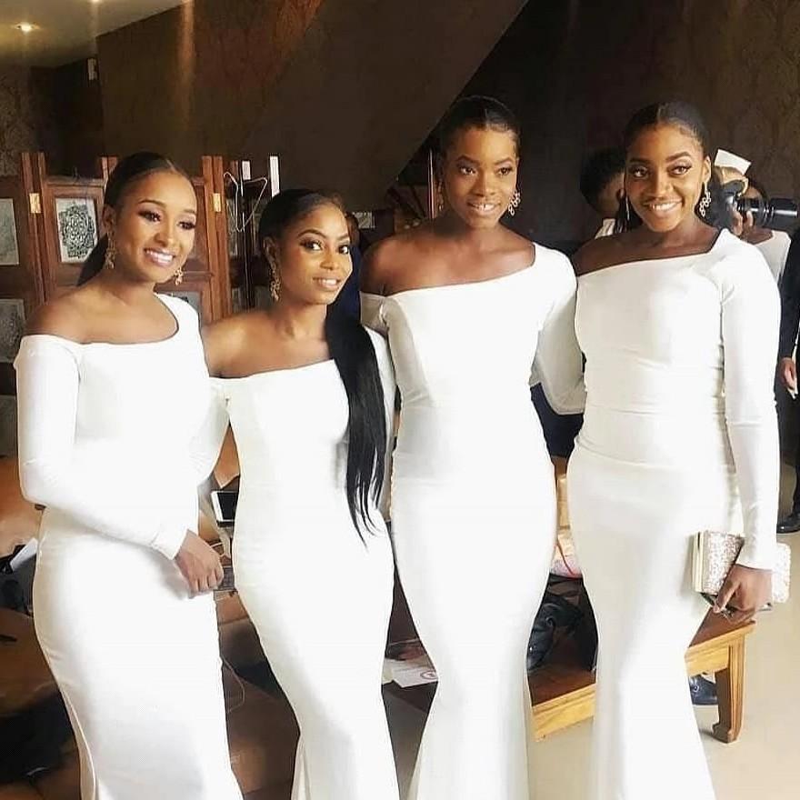 White Mermaid Evening Dresses African Girls Wedding Bridesmaid Party Gowns Formal Long Sleeves Satin Elegant Plus Size Special Occasion Dress Simple 2