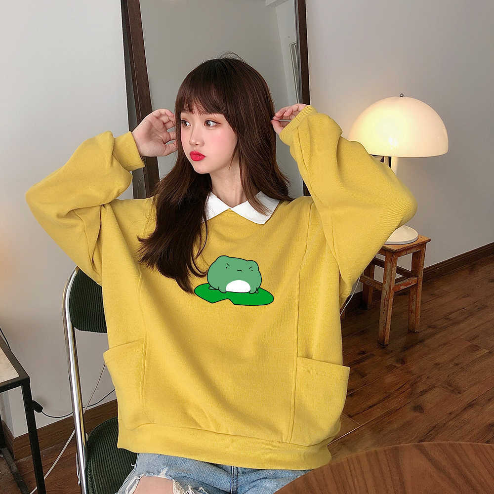Kawaii Frog Sweatshirt Oversized Harajuku Pullover Hoodie with Pocket Cotton Women Kpop Fashion Clothes Aesthetic Sweet Hoodies 210910