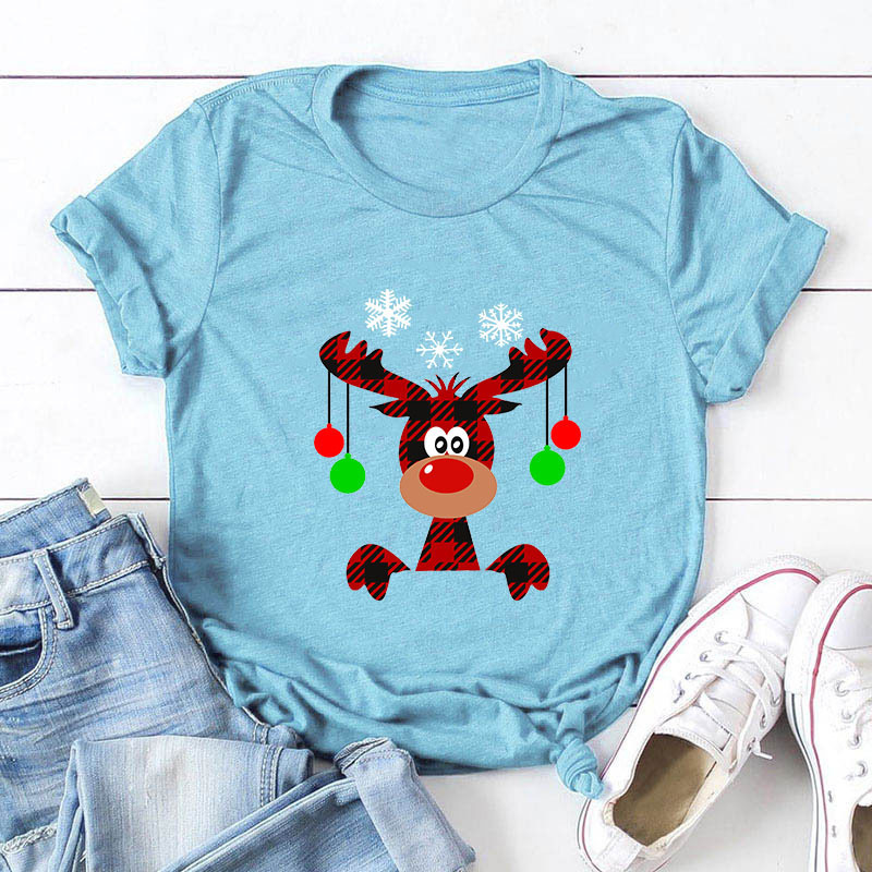 JCGO Women T Shirt Cotton Summer Plus Size 5XL Cartoon Christmas Deer Print Short Sleeve O-Neck Casual TShirts Tops Basic Tees 210306