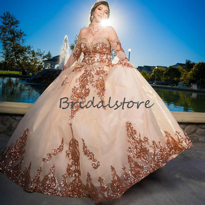 Sparkly Rose Gold Sequin Quinceanera Dresses Elegant Sweetheart Plus Size Prom Party Dress 2021 Beaded Fluffy Tulle Mexican Sweet 15 Dress