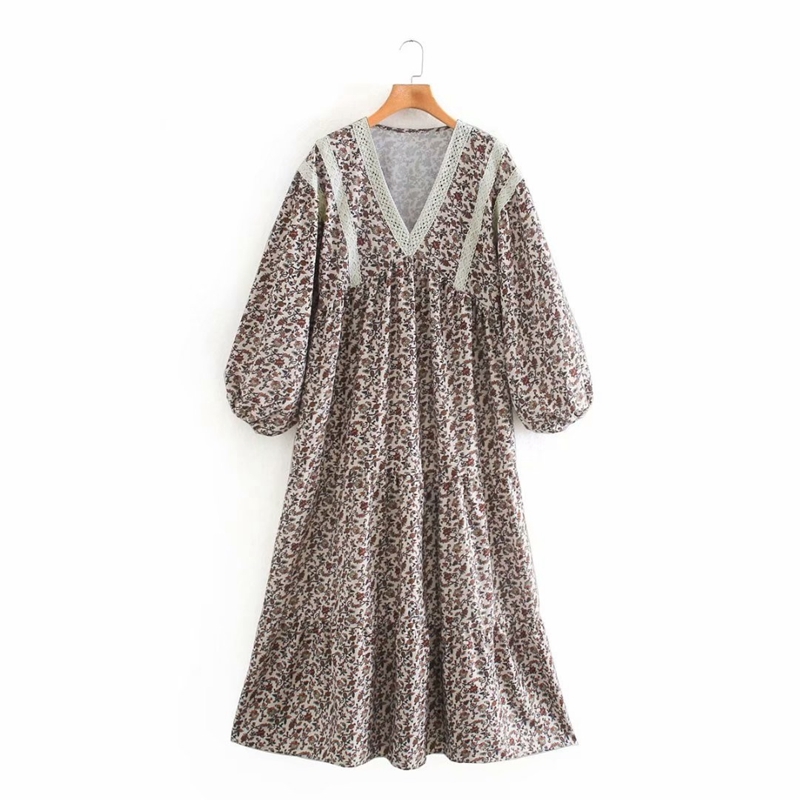 Women Spring Vintage Floral Puff Sleeve Dress Patchwork V neck Loose Casual Midi Printed Vacation Beach NX9840 210525, Khaki 
Women Spring Vintage Floral Puff Sleeve Dress Patchwork V neck Loose Casual Midi Printed Vacation Beach NX9840 210525, Khaki