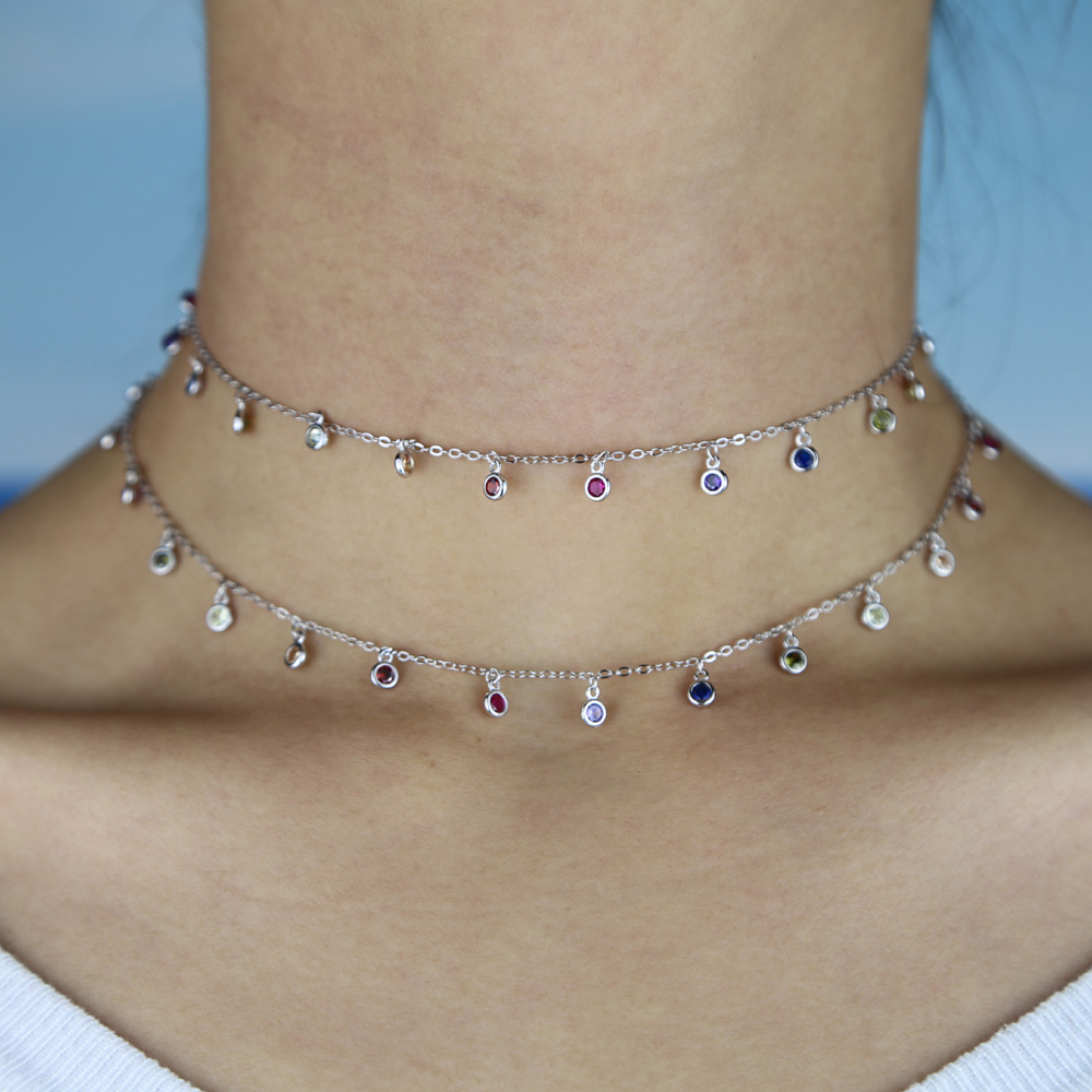 New 925 Sterling Silver Dainty Chandalier Layering Necklace CZ Round Bezel Drip Necklace Gold Filled Delicate Rainbow Cz Choker Jewelry