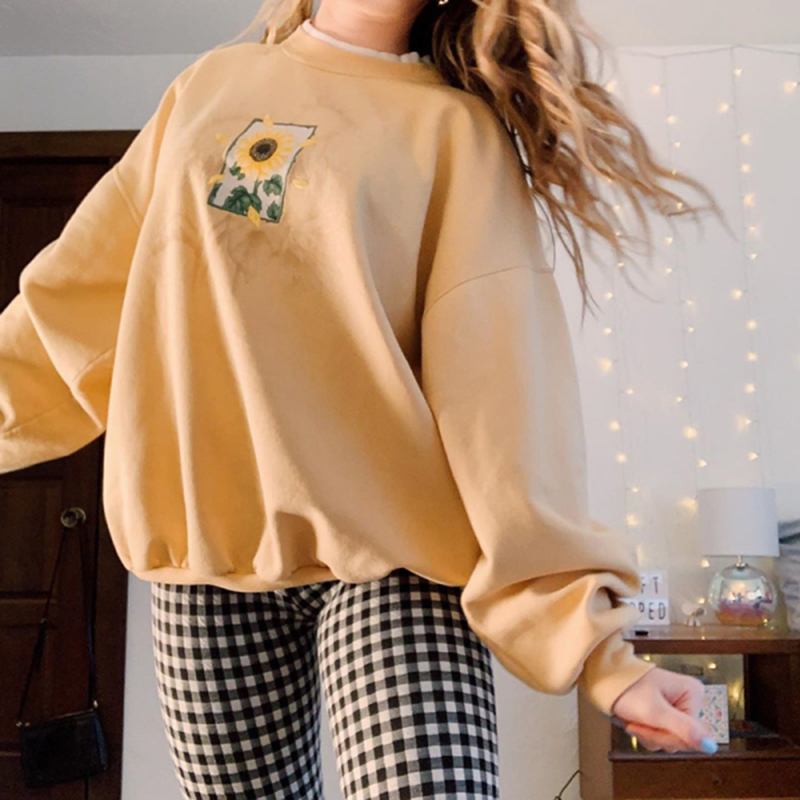 Women's Sweatshirt With Flower Print O-Neck Autumn Winter Female Casual Cute Yellow Clothes Woman Hoodies Loose Pullover 201112