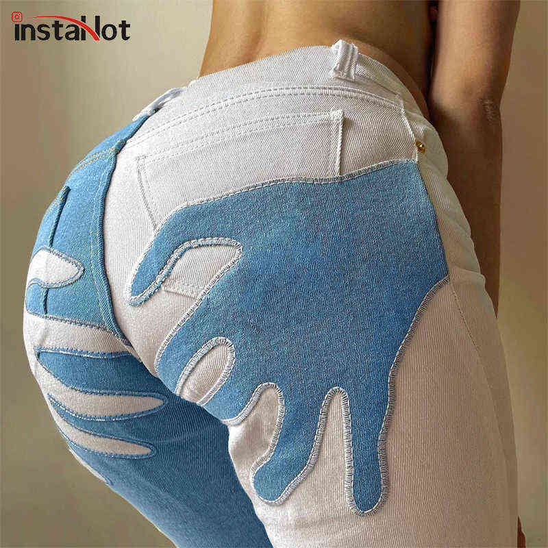 Insta Women Flare Jeans Embroidery Trousers Y2K Casual Streetwear Denim Fashion Vintage Female Sexy Patchwork Pantalones 211129