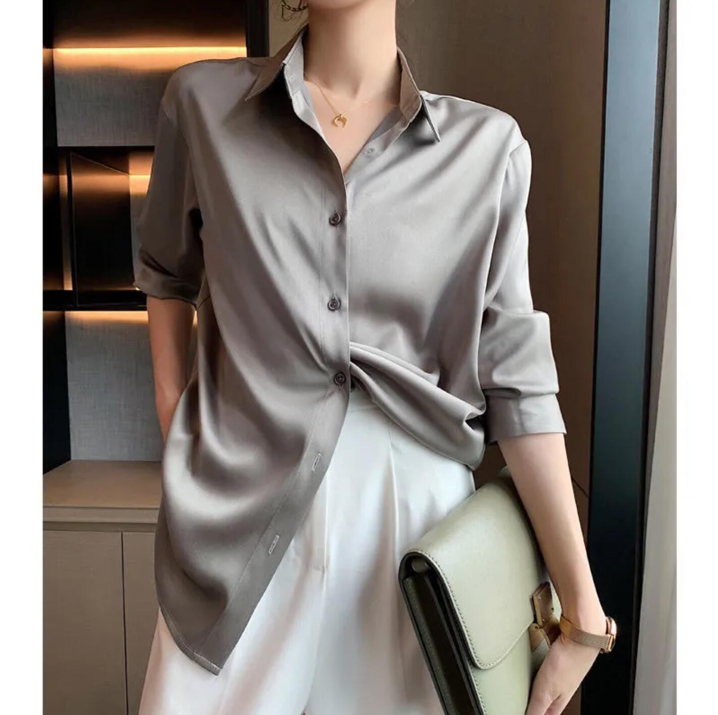 Fashion Stylish Button Up Satin Silk Shirt Vintage Blouse Women White Lady Long Sleeves Female Loose Street Shirts 210225