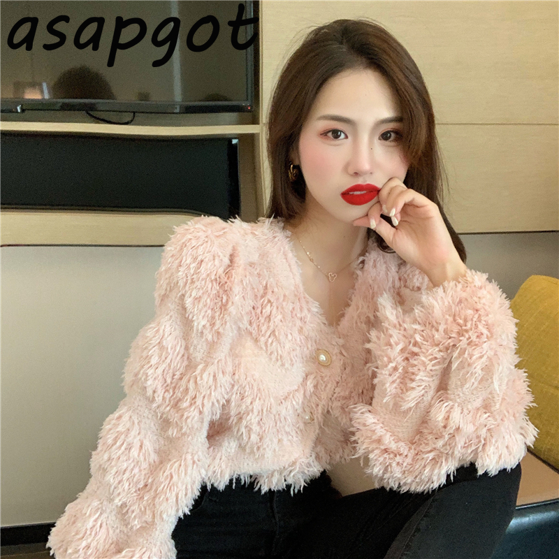 Asapgot Fashion Chic Korea Plush V-neck Tassel Sweaters Coat Autumn Winter New Thick Wild Pink Long-sleeved Cardigan Top Sweet 210218