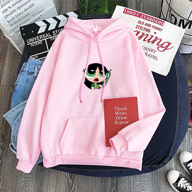 Autumn and winter new candy color Powerpuff Girls Buttercup Hoodie INS supply X0629