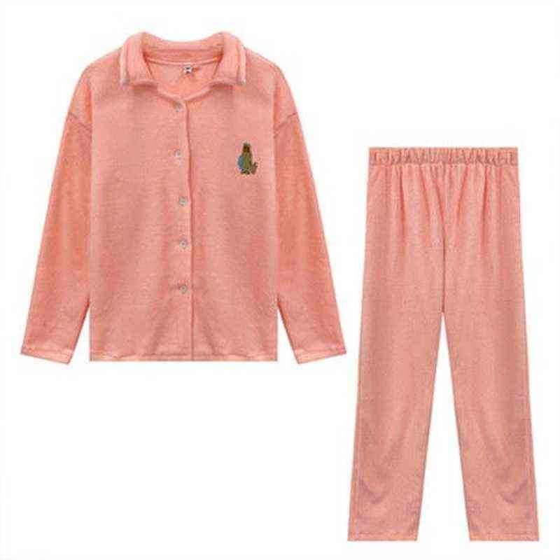 QWEEK Women Pajamas Bedroom Set Solid Color Embroidered Flannel Pijamas Korean Loose Comfortable Turn Down Collar Pyjamas Cute 211118