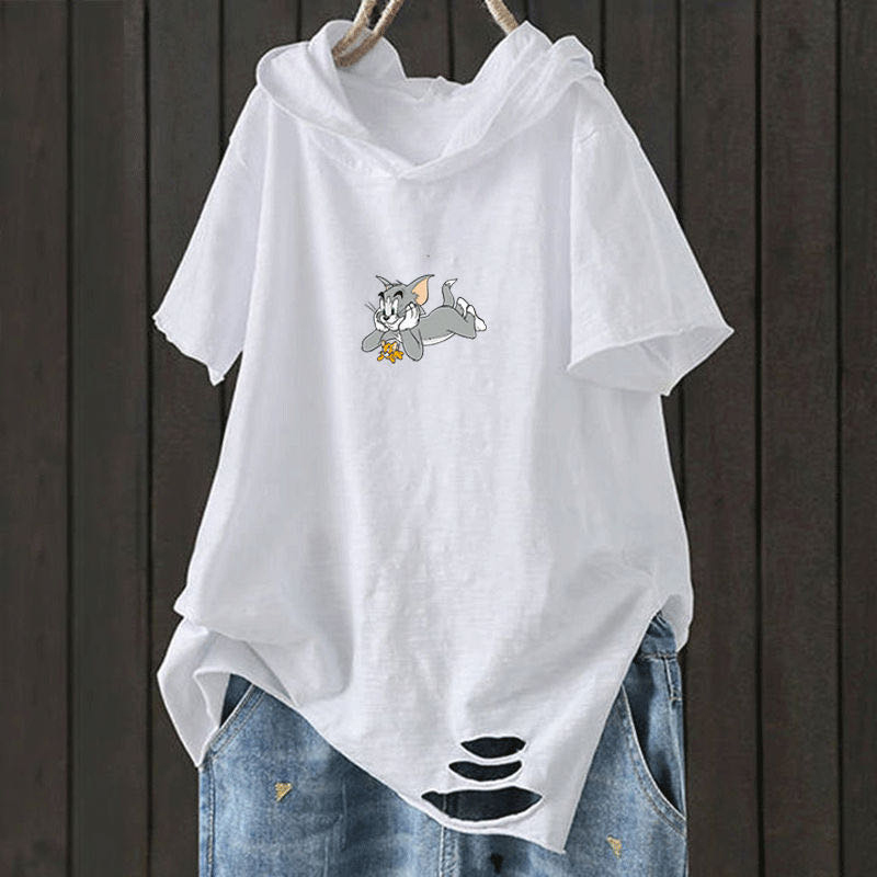 F&je New Fashion Summer Women T Shirt Plus Size Short Sleeve Loose Casual Hooded Tee Shirt Hole Cotton Femme Print Tops D32 210302