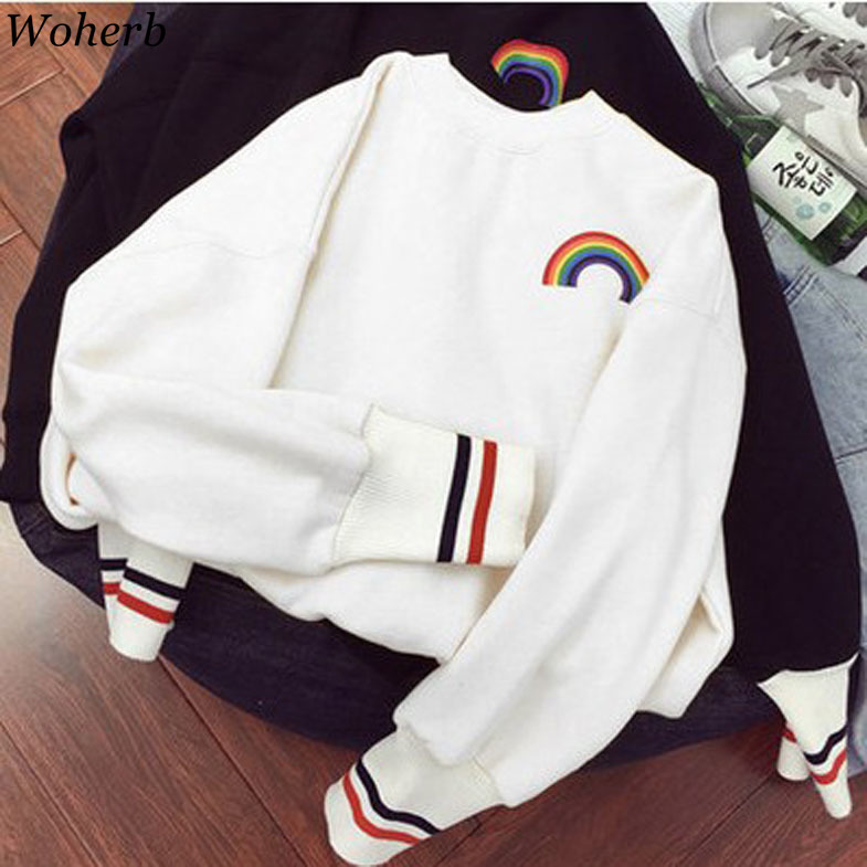 Woherb Korean Girls Kawaii Sweatshirt Rainbow Print Cute Hoodies Women Autumn Thin Harajuku Hoodie Crewneck Sweatshirts 201204