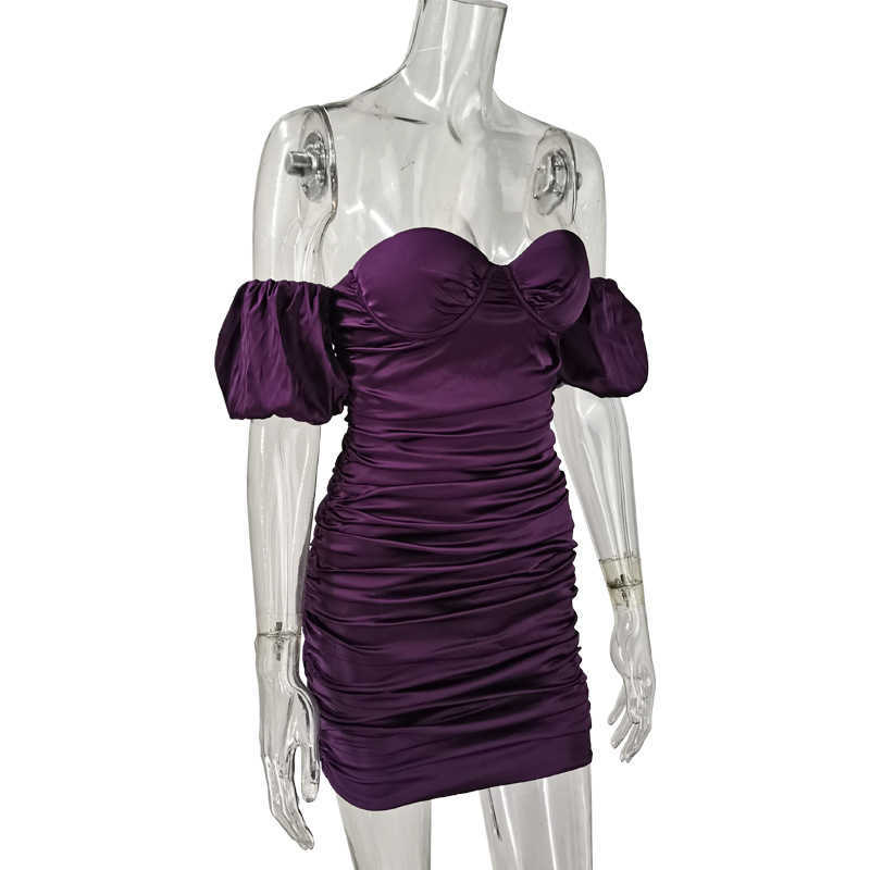 DEAT Spring Summer Arrivals Solid Slash Neck Backless Temperament Sexy Pleated Lantern Sleeve Slim Dress MZ200 210709