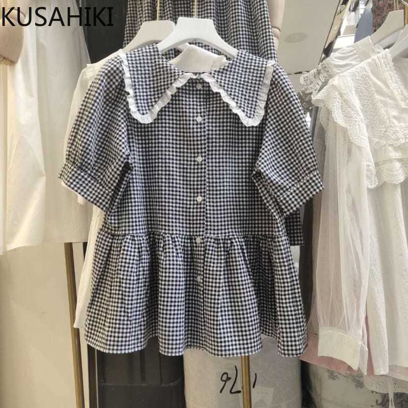 KUSAHIKI Sweet Plaid Doll Shirt Korean Peter Pan Collar Puff Sleeve Women Blouse Summer Blusas Camisas Mujer 6J396 210602, Black
KUSAHIKI Sweet Plaid Doll Shirt Korean Peter Pan Collar Puff Sleeve Women Blouse Summer Blusas Camisas Mujer 6J396 210602, Black