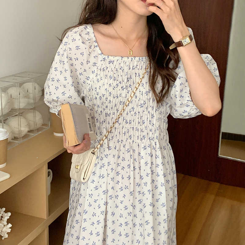 Korejpaa Women Mini Dress Summer Korean Fashion Chic Print Square Neck Small Floral Pleated Gathered Waist Casual Dresses 210526